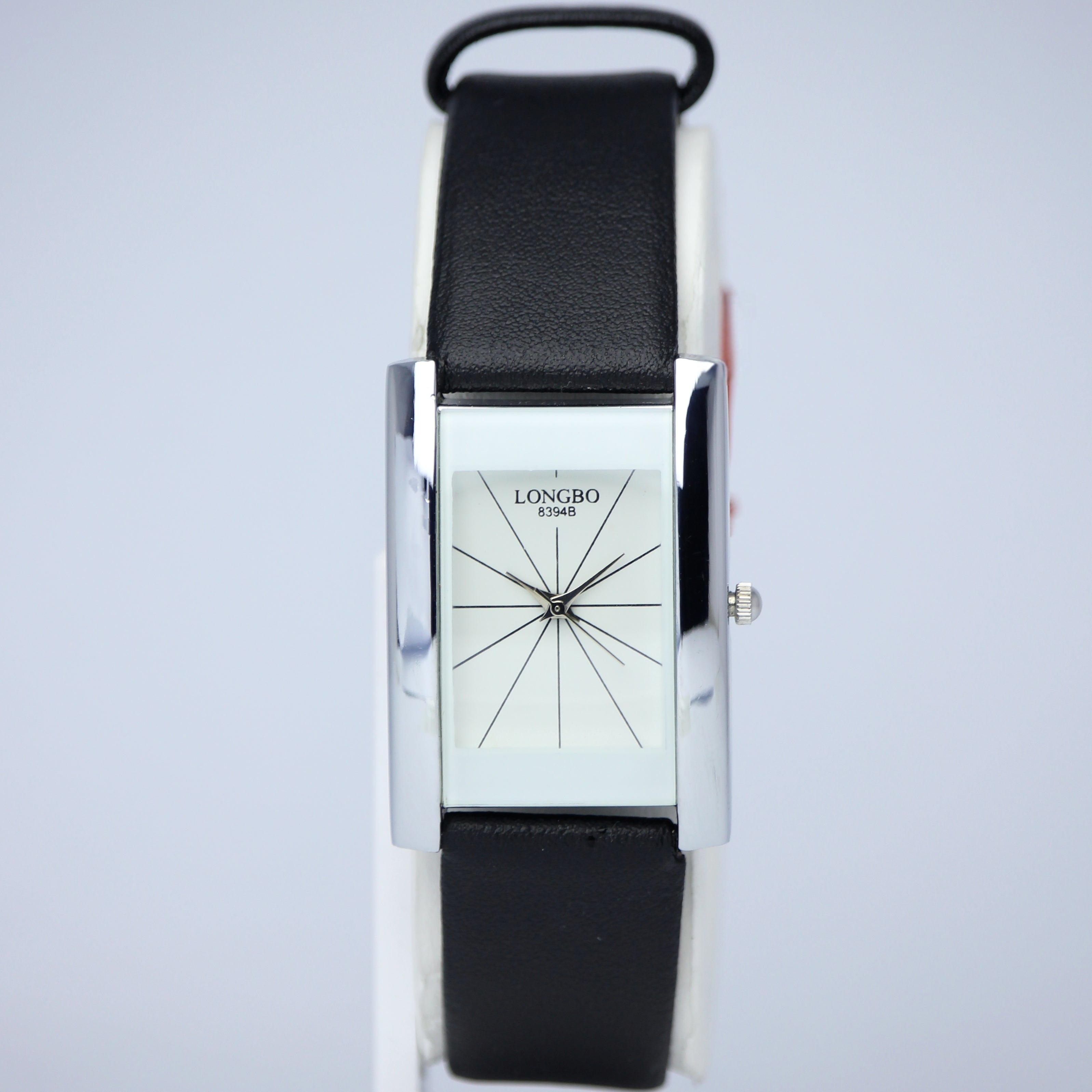 LONGBO Women’s Rectangular Watch (BZ-F02) – White Dial with Black Leather Strap