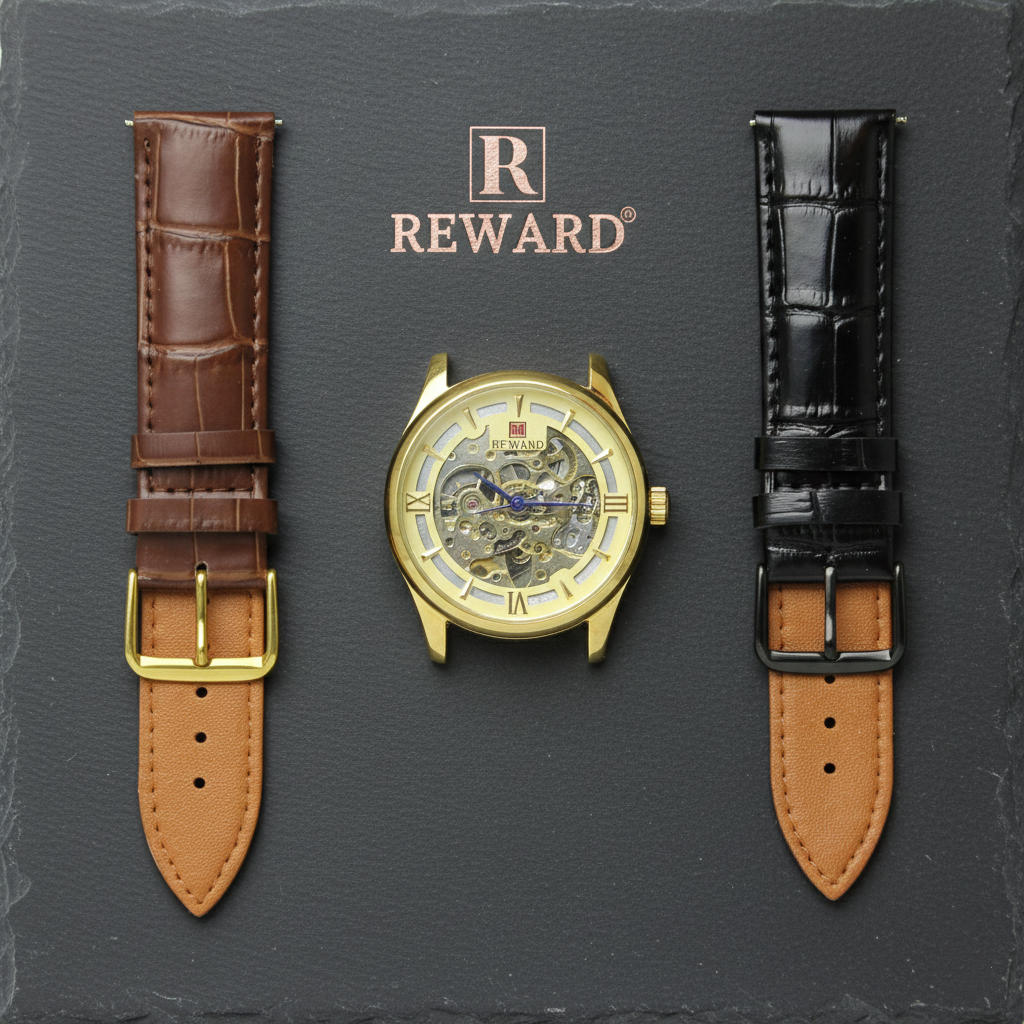 REWARD Men's Gold Skeleton Automatic Watch with Dual Leather Straps (BZ-FD02)