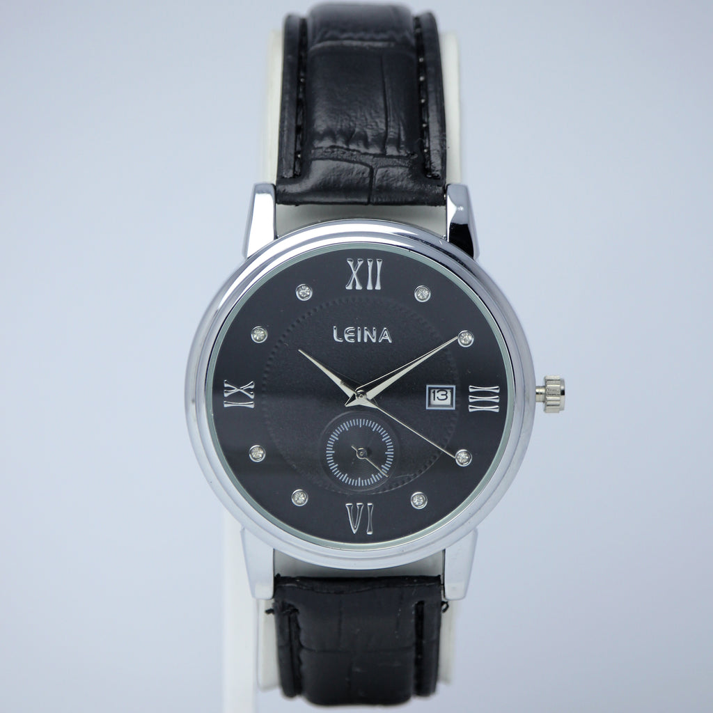 LEINA Men’s Leather Strap Watch (BZ-FD03) - Black Dial with Date