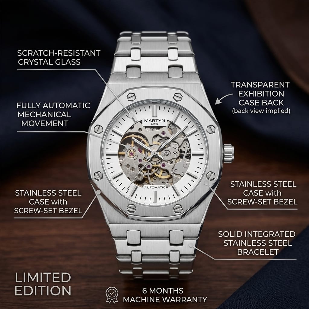 Skyline Martyn Automatic Skeleton Men’s Watch (BZ-ES07) Limited Edition – White Dial Stainless Steel