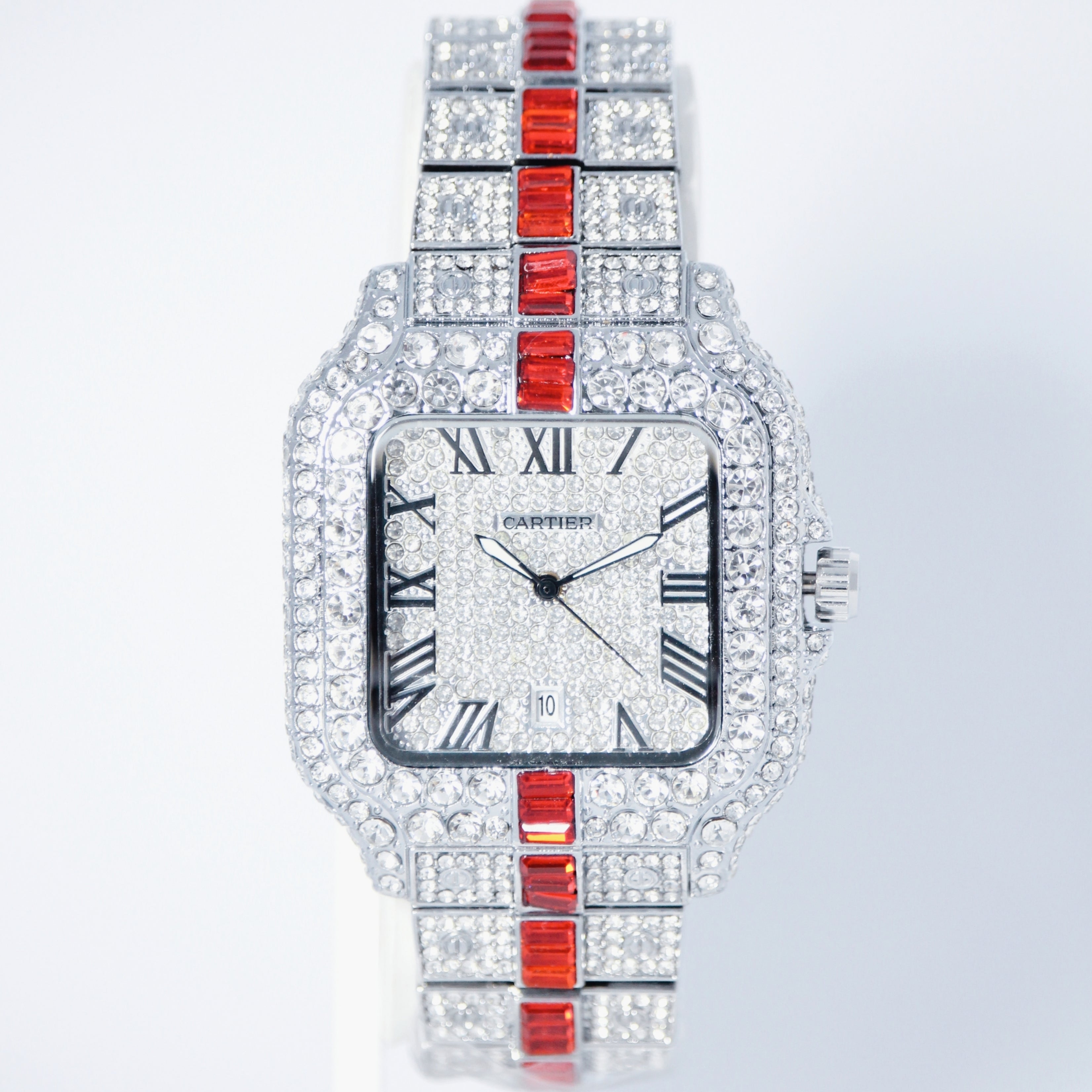 Cartier Diamond Iced Unisex Watch (BZ-WC01) – Red Stone Stainless Steel