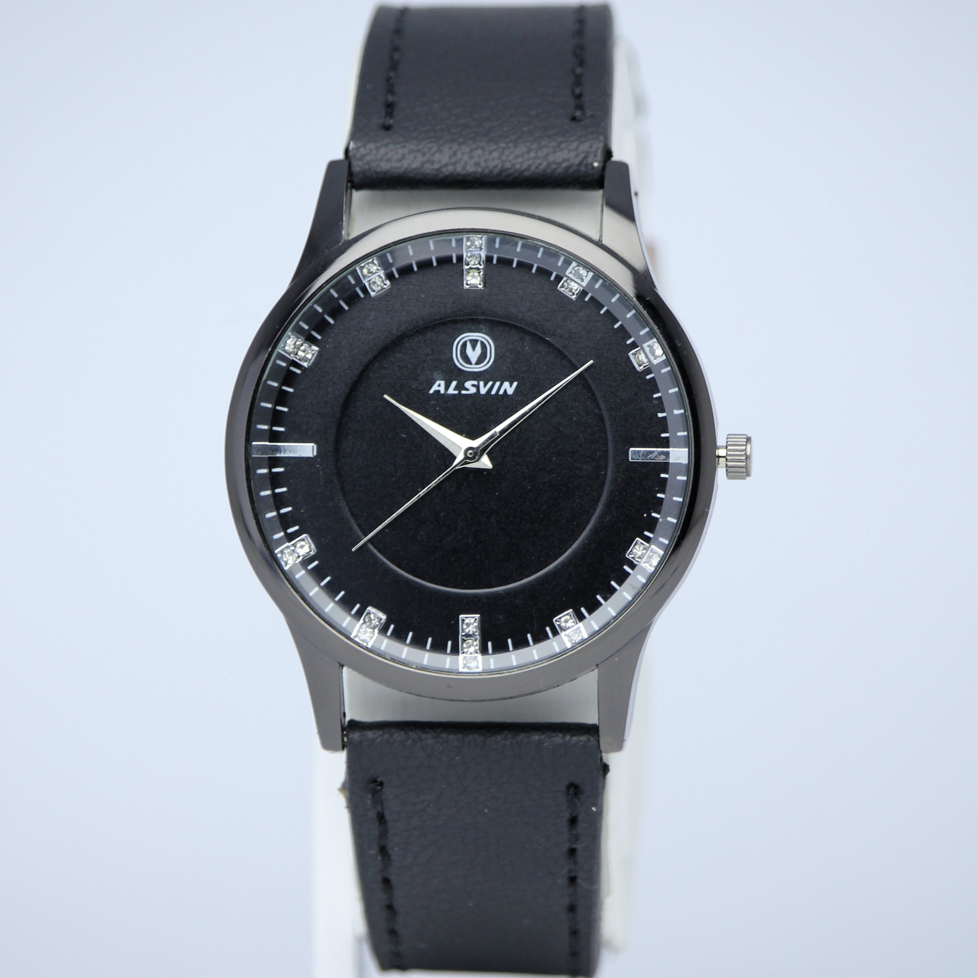 ALSVIN Men's Quartz Watch (BZ-FD07) – Black Dial Crystal Markers