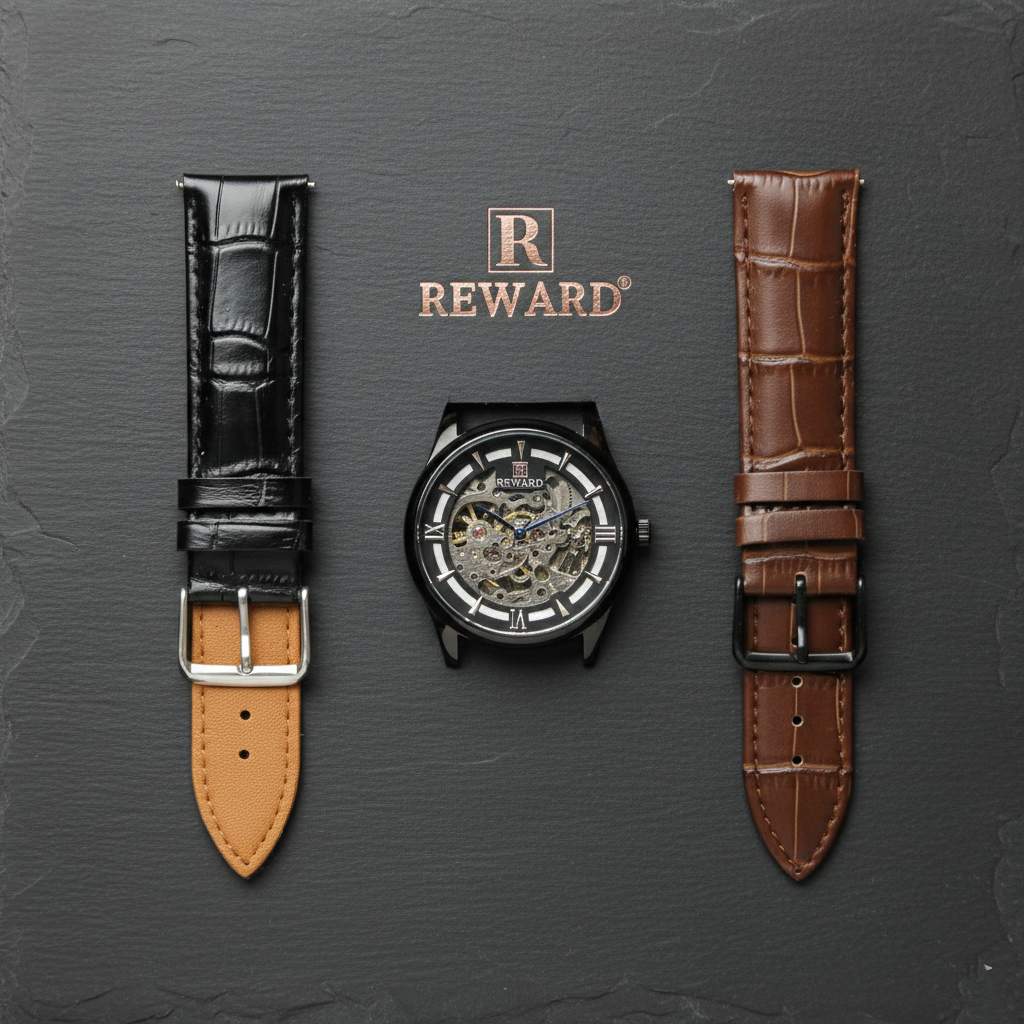 REWARD Men's Black Skeleton Automatic Watch with Dual Leather Straps (BZ-FD02)