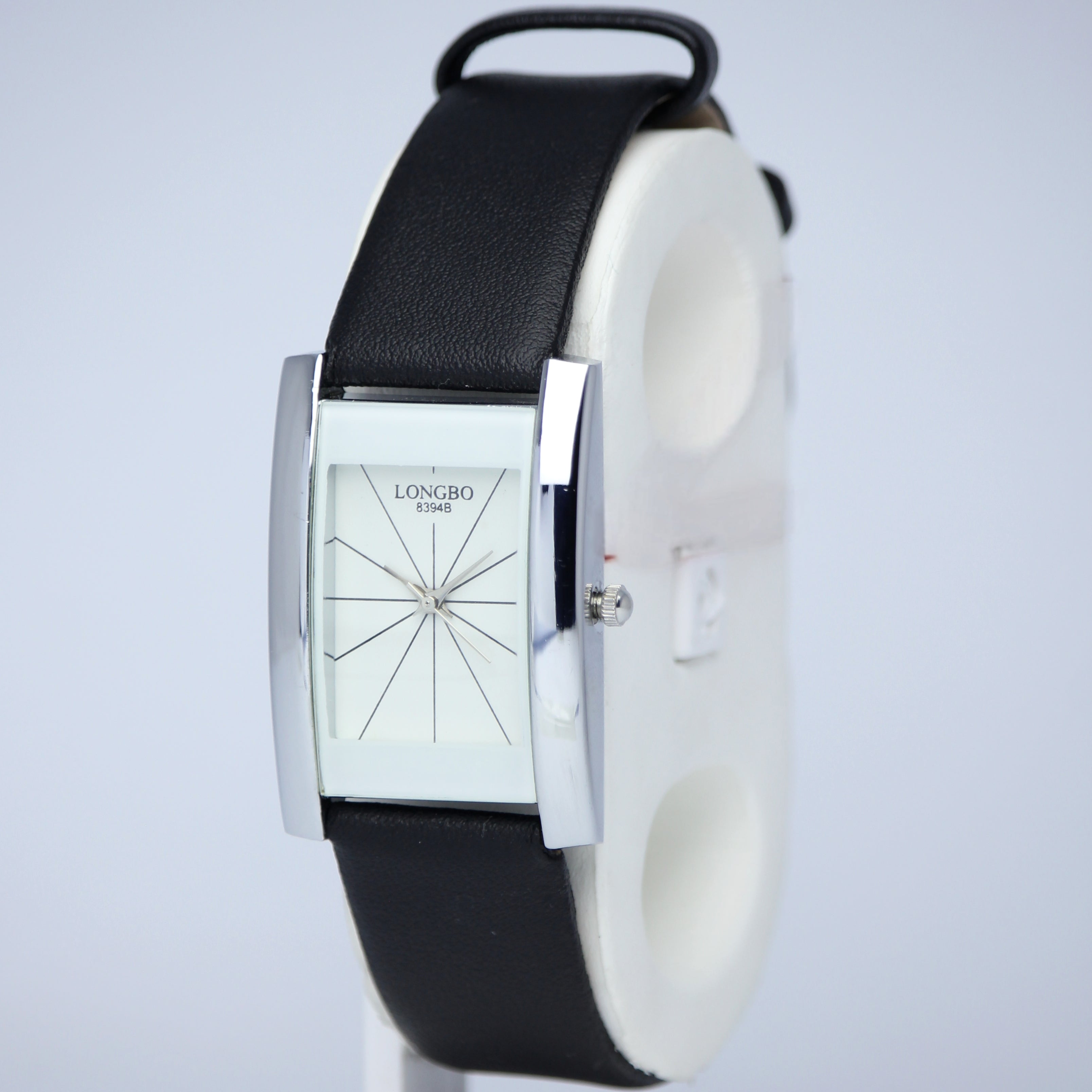 LONGBO Women’s Rectangular Watch (BZ-F02) – White Dial with Black Leather Strap