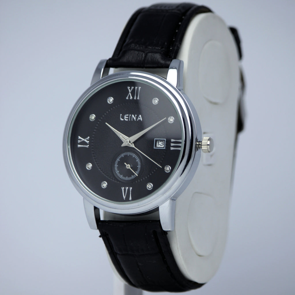 LEINA Men’s Leather Strap Watch (BZ-FD03) - Black Dial with Date