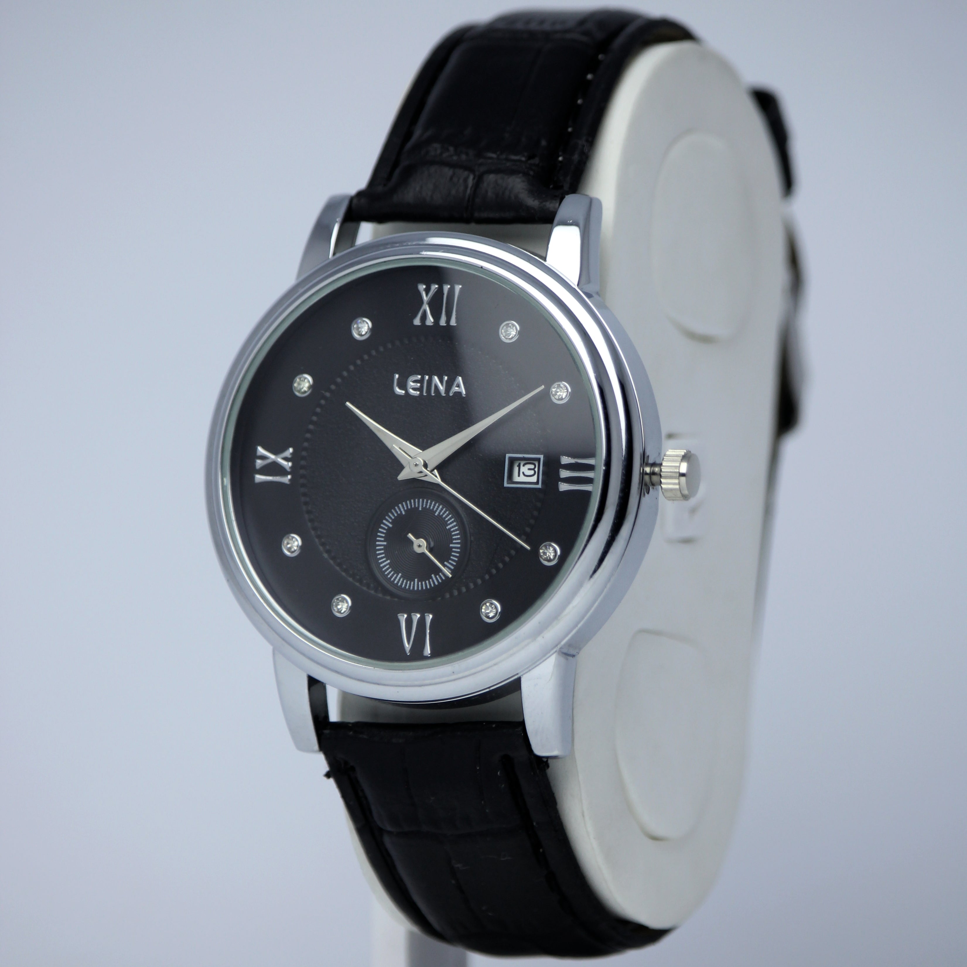 LEINA Men’s Leather Strap Watch (BZ-FD03) - Black Dial with Date