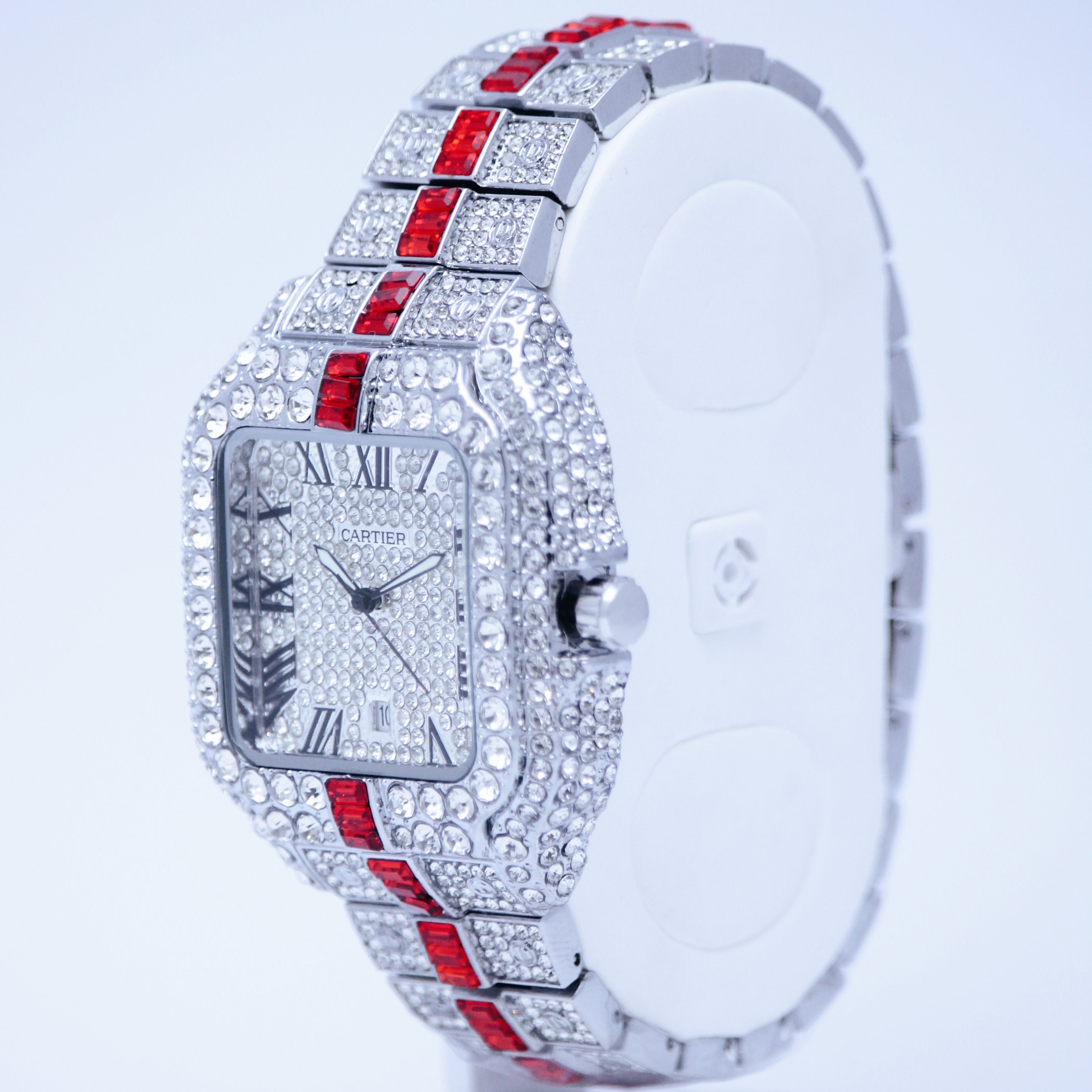 Cartier Diamond Iced Unisex Watch (BZ-WC01) – Red Stone Stainless Steel