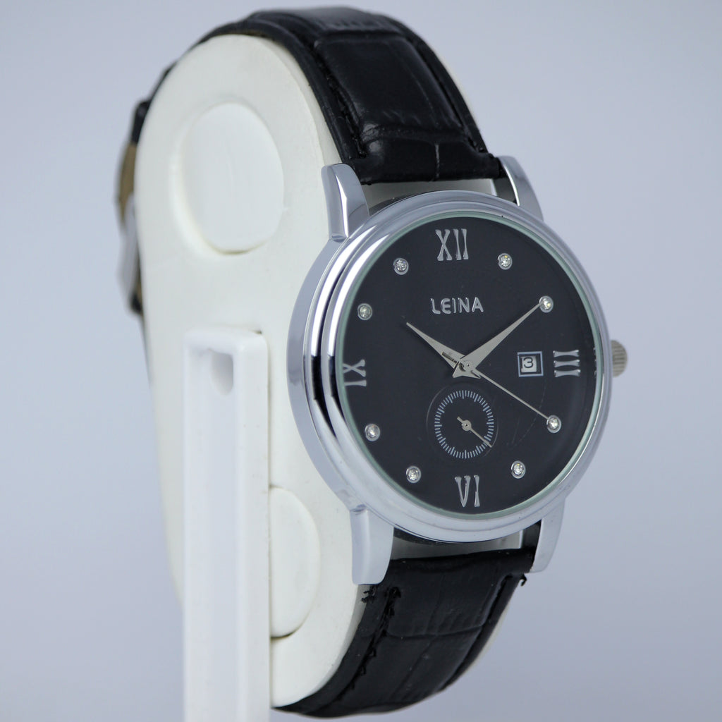 LEINA Men’s Leather Strap Watch (BZ-FD03) - Black Dial with Date