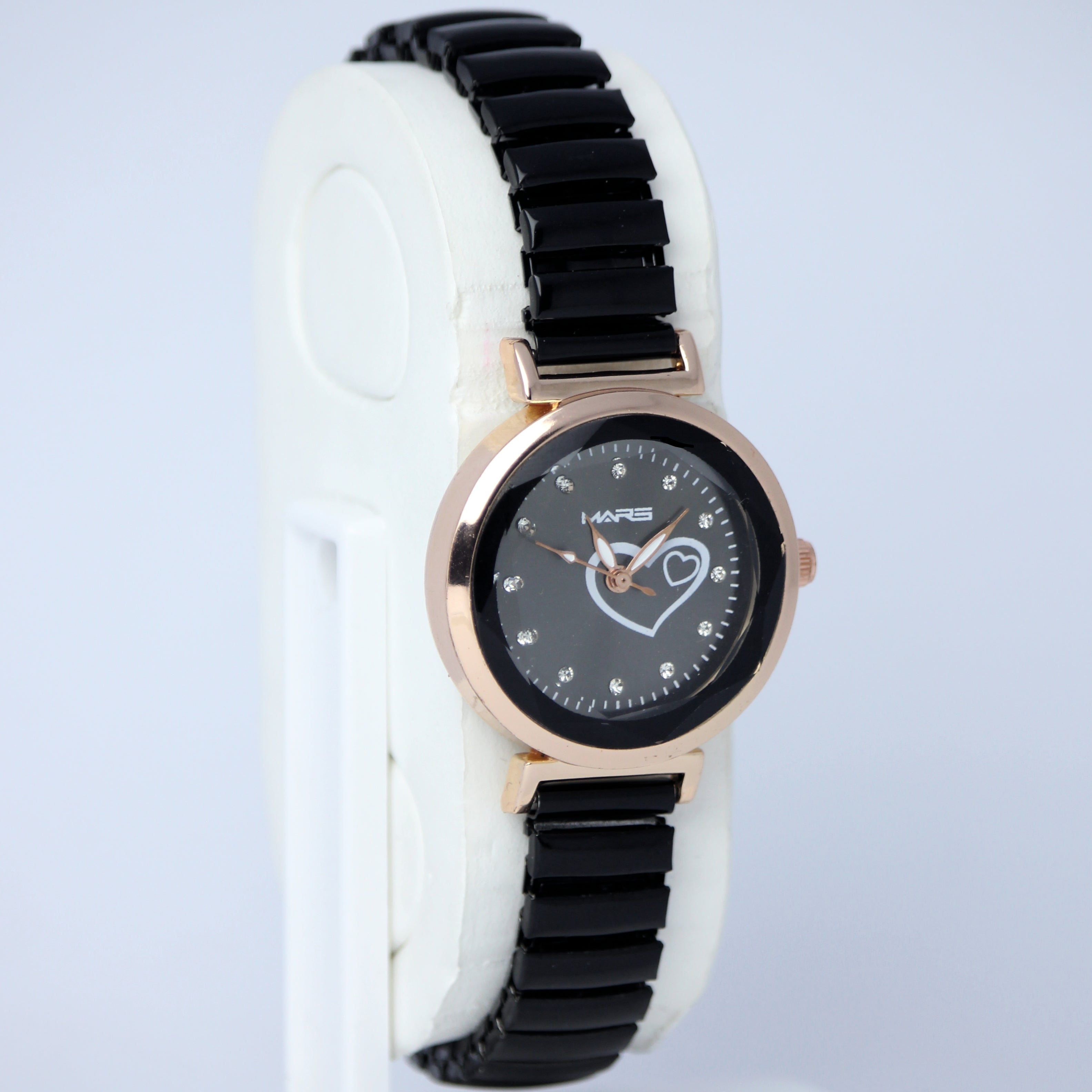 MARS Women’s Black Heart Dial Watch (BZ-F01) – Elegant Black Metal Strap