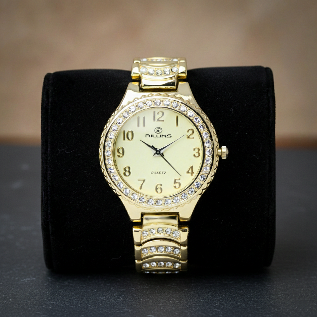 RILLINS Women’s Gold Crystal Watch (BZ-SS03) - Gold Dial with Stone Detailing