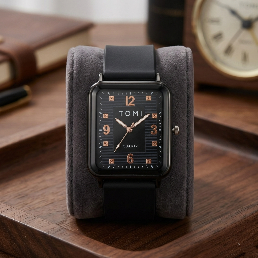TOMI Men’s Quartz Watch (BZ-FD12) – Black Dial Rectangular Design
