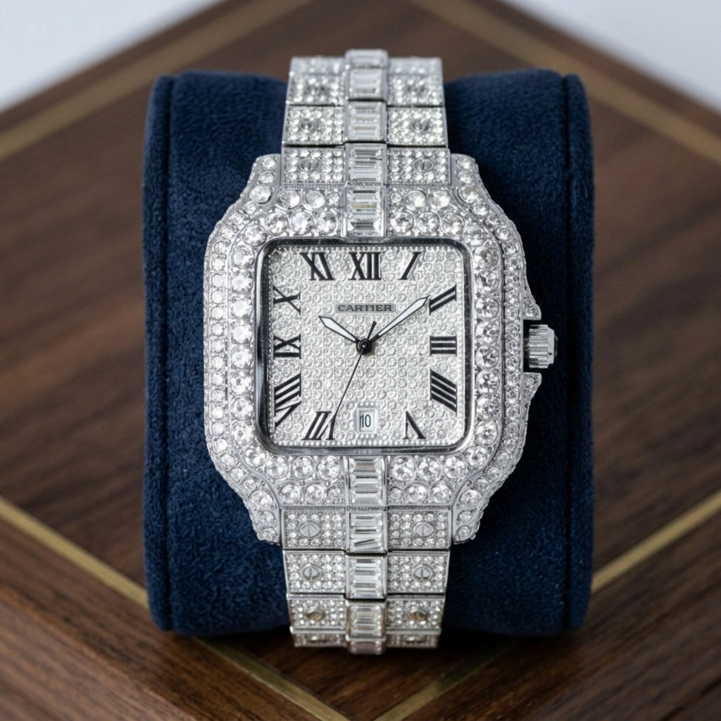 Cartier Diamond Iced Unisex Watch (BZ-WC01) – Blue Stone Stainless Steel