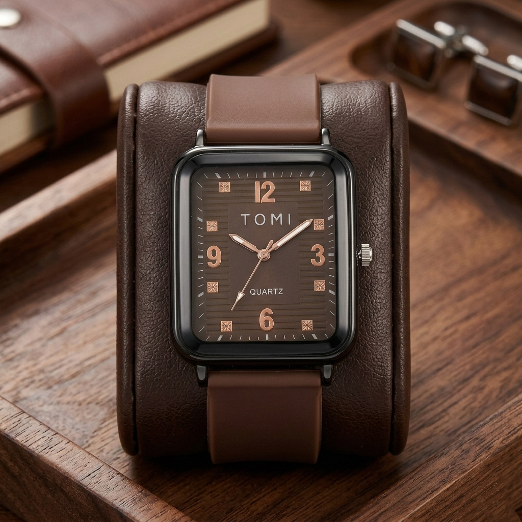 TOMI Men’s Quartz Watch (BZ-FD12) – Brown Dial Rectangular Design