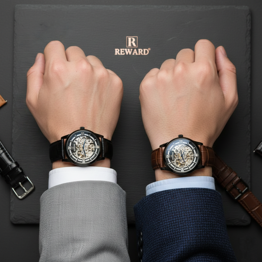 REWARD Men's Black Skeleton Automatic Watch with Dual Leather Straps (BZ-FD02)