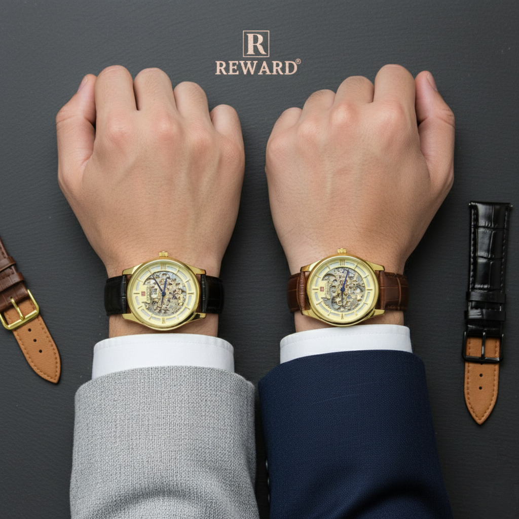 REWARD Men's Gold Skeleton Automatic Watch with Dual Leather Straps (BZ-FD02)