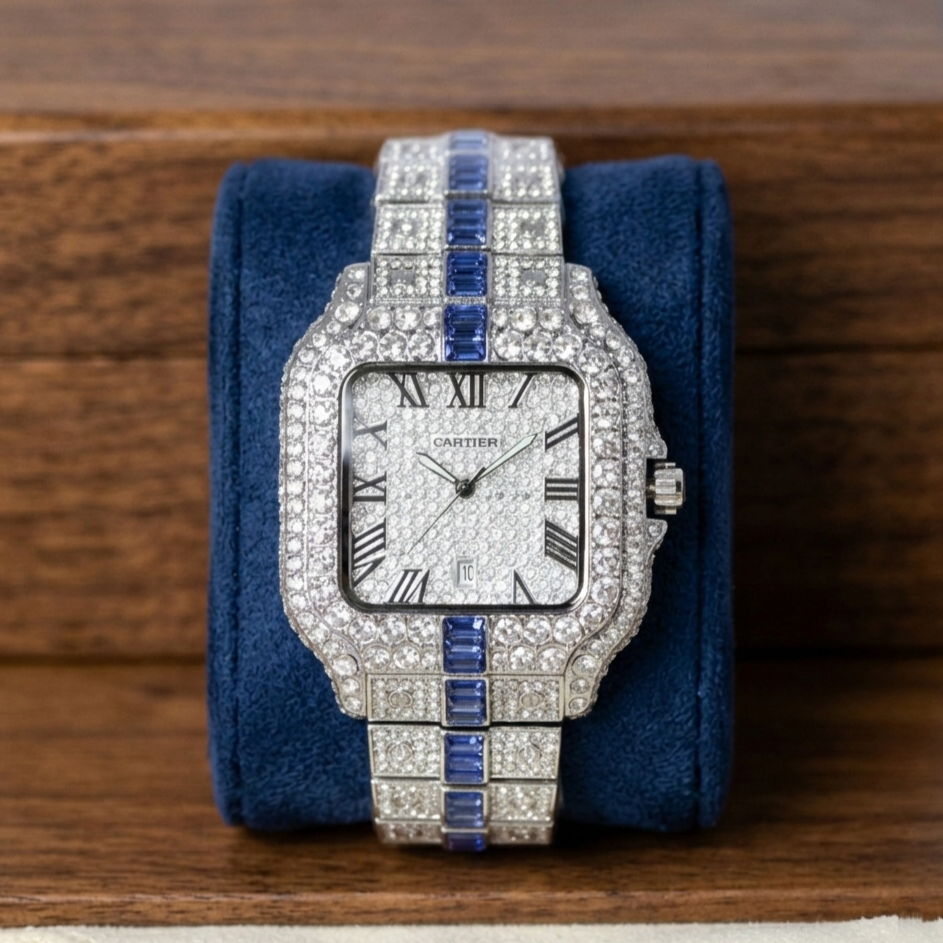 Cartier Diamond Iced Unisex Watch (BZ-WC01) – Blue Stone Stainless Steel