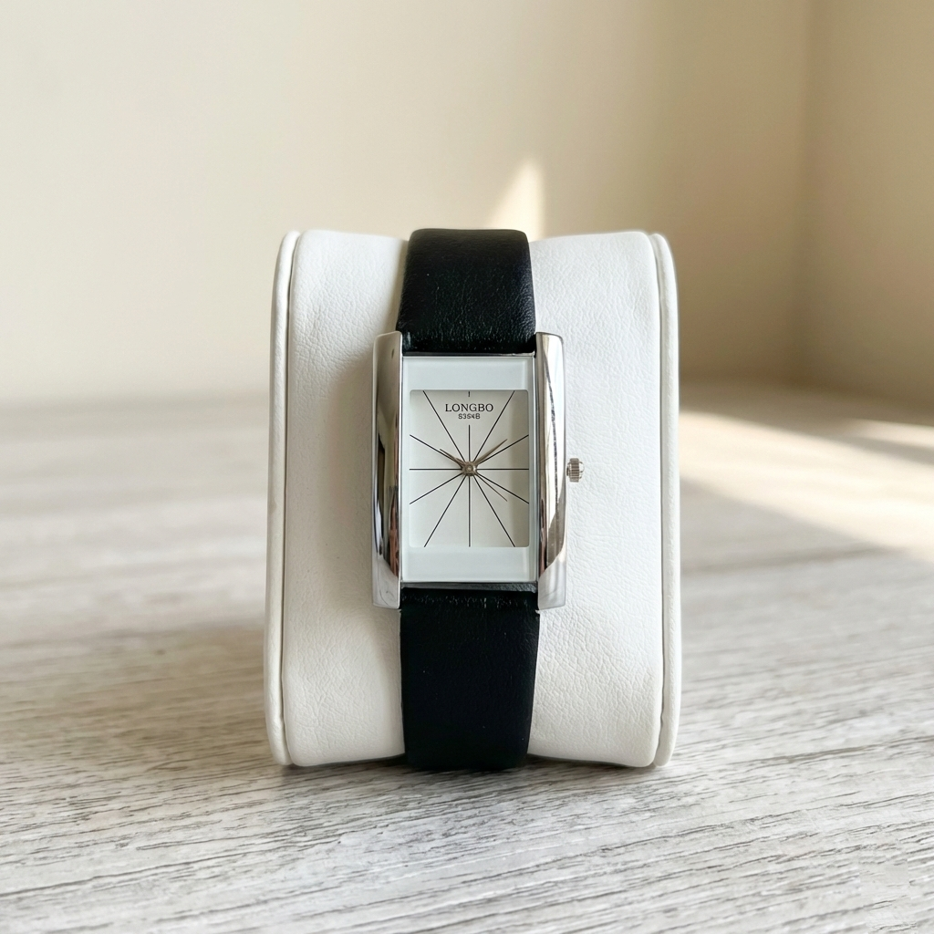 LONGBO Women’s Rectangular Watch (BZ-F02) – White Dial with Black Leather Strap