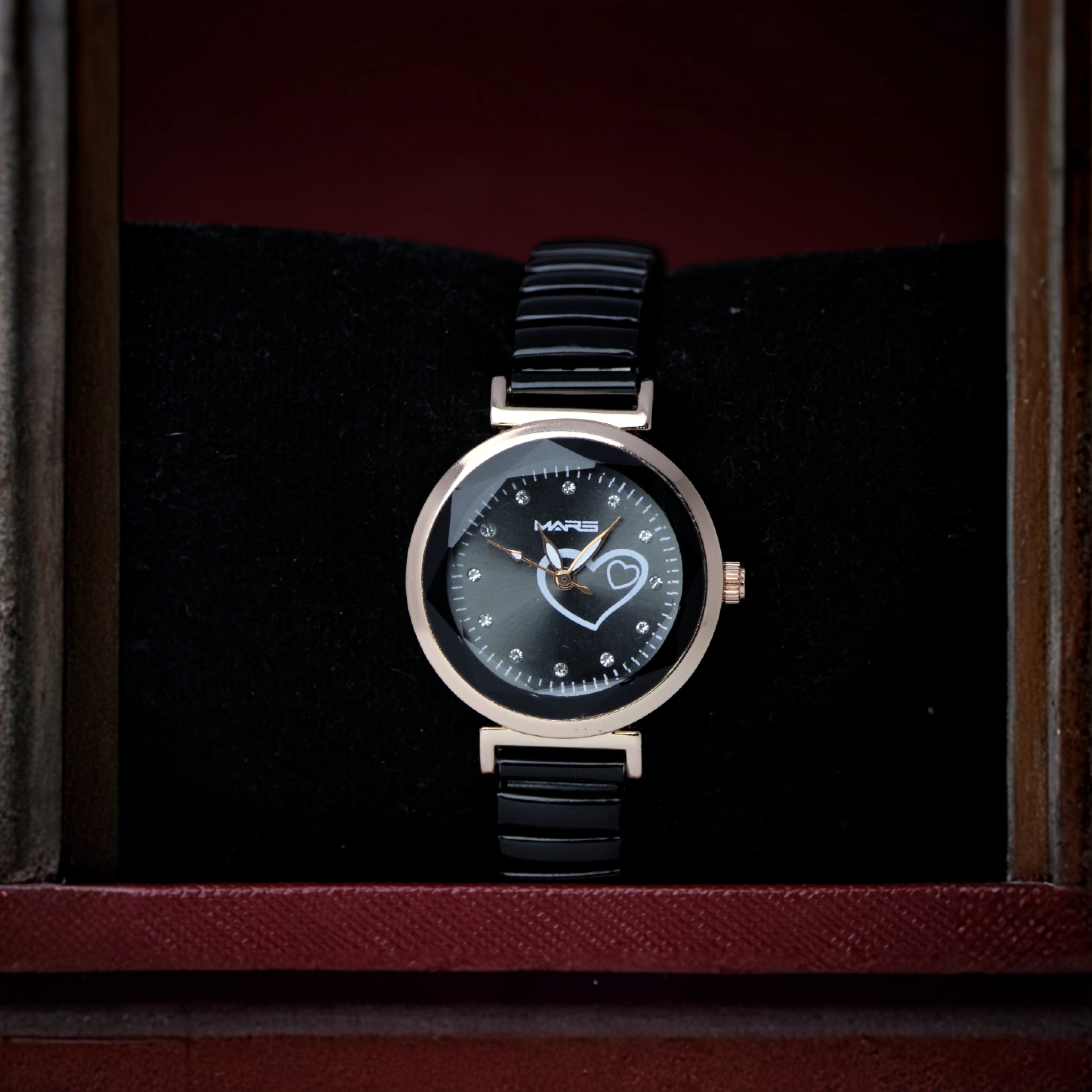 MARS Women’s Black Heart Dial Watch (BZ-F01) – Elegant Black Metal Strap