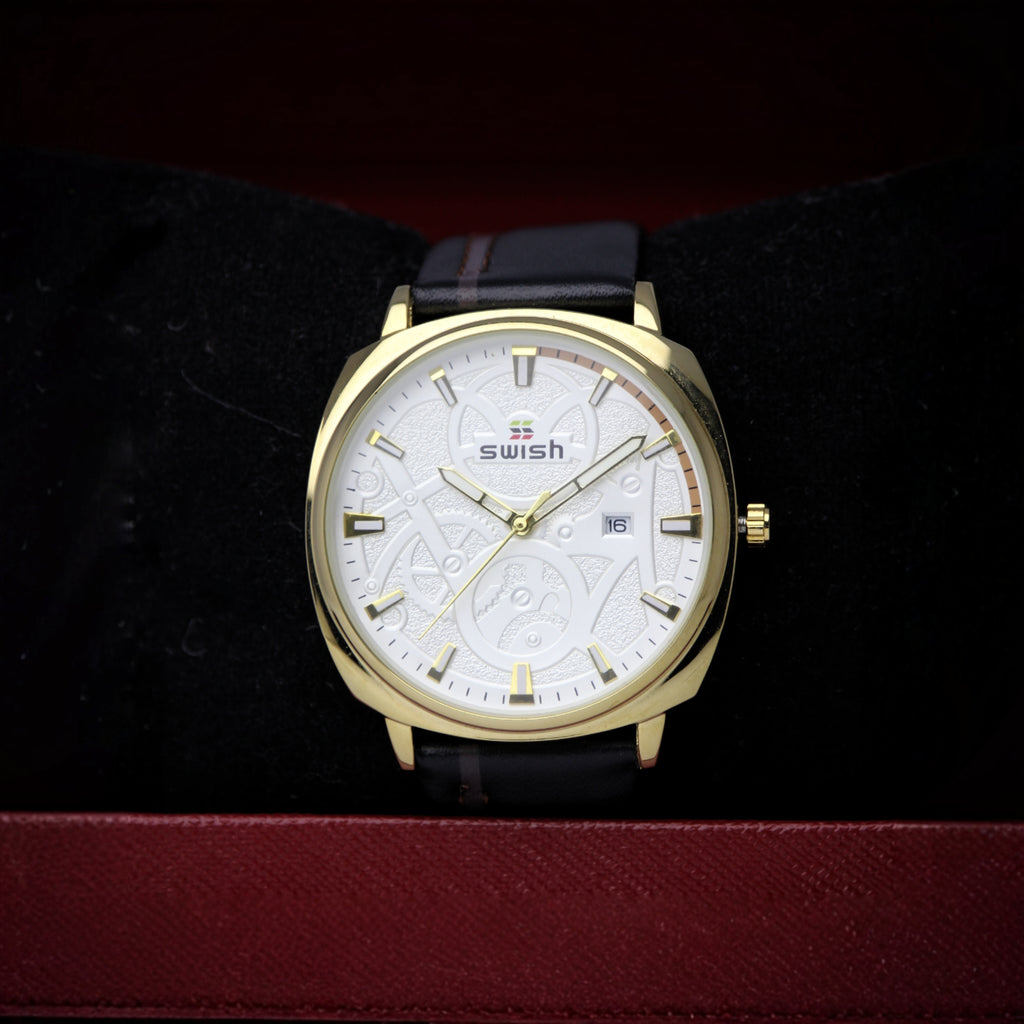 SWISH Men’s Gold Case Watch (BZ-FD04) – White Dial with Date