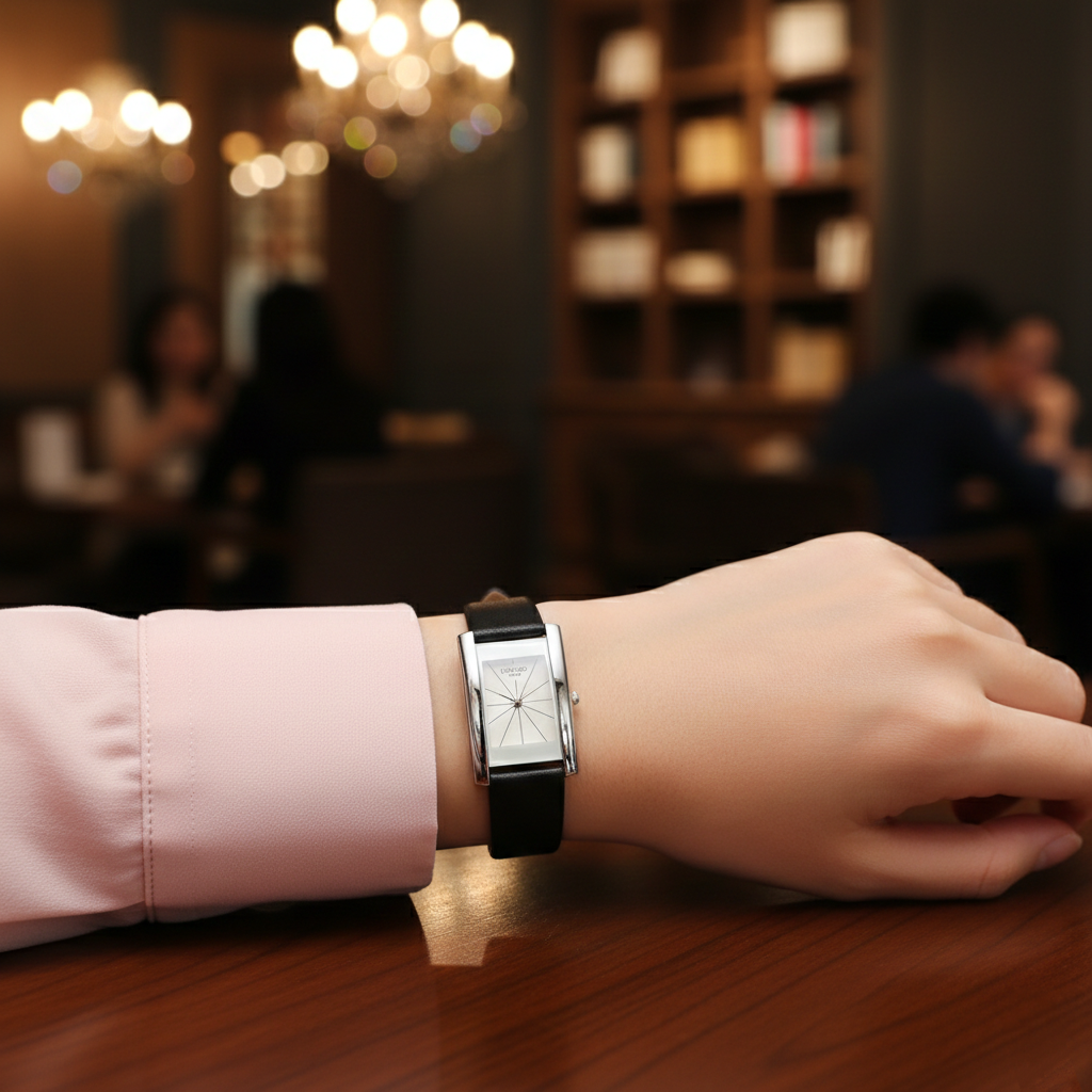 LONGBO Women’s Rectangular Watch (BZ-F02) – White Dial with Black Leather Strap