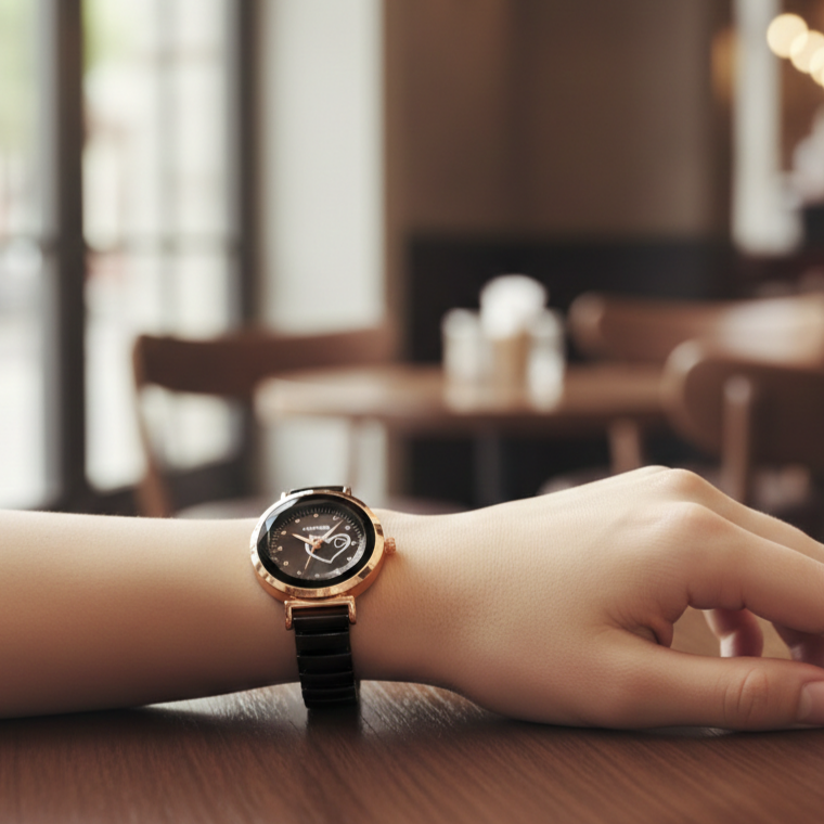 MARS Women’s Black Heart Dial Watch (BZ-F01) – Elegant Black Metal Strap