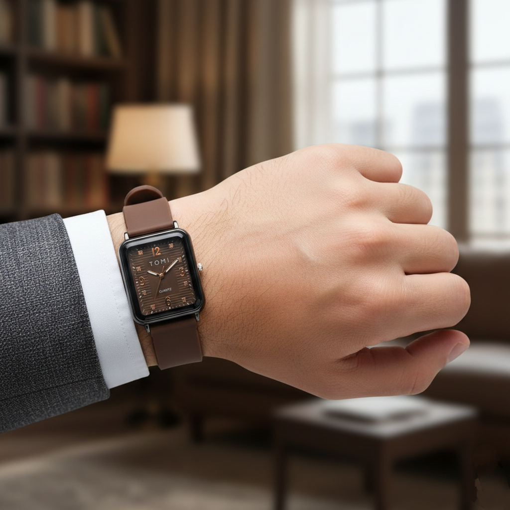 TOMI Men’s Quartz Watch (BZ-FD12) – Brown Dial Rectangular Design