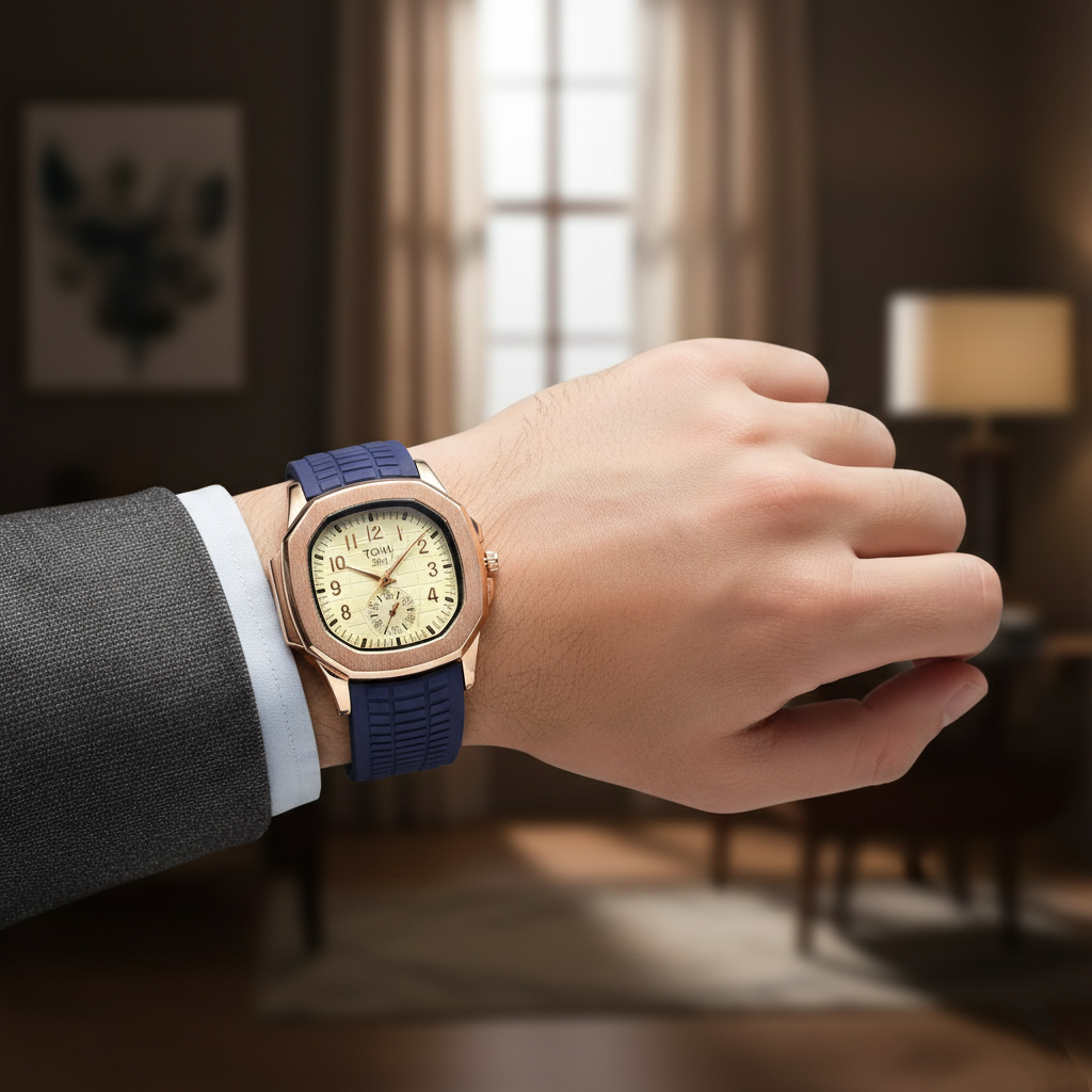 TOMI SHL Men’s Quartz Watch (BZ-FD15) – Cream Dial with Rose Gold Case